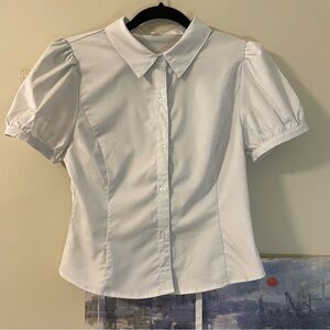 White Button Down Collared Shirt with Puff Sleeves and Side Ties